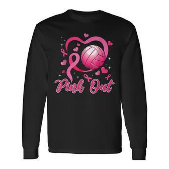 Cute Pink Out Volleyball Breast Cancer Awareness Pink Ribbon Long Sleeve T-Shirt - Seseable
