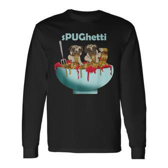 Cute Pugs Dogs In Spaghetti Noodles Eating Pasta Pets Long Sleeve T-Shirt | Mazezy