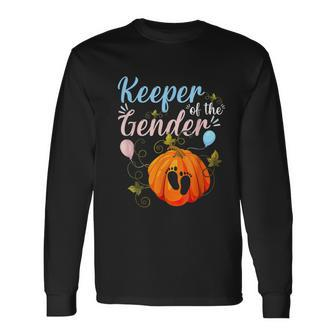 Cute Pumpkins Keeper Of The Gender Reveal Baby Thanksgiving Long Sleeve T-Shirt - Seseable