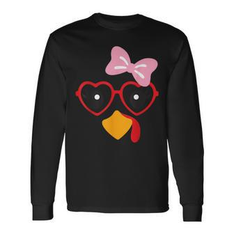 Cute Turkey Face Heart Sunglasses Thanksgiving Costume Long Sleeve T-Shirt - Seseable