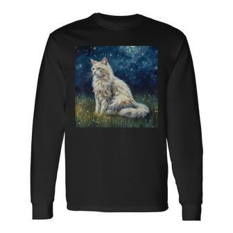 Cute Turkish Angora Cat In A Starry Sky Night Painting Long Sleeve T-Shirt T-Shirt | Mazezy