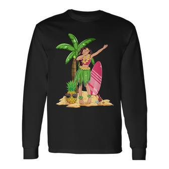 Dabbing Hawaiian Girl Summer Vacation Hawaii Pineapple Palm Long Sleeve T-Shirt T-Shirt | Mazezy