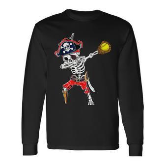 Dabbing Skeleton Pirate & Softball Ball Halloween Costume Long Sleeve T-Shirt | Mazezy
