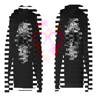 Day Of The Dead Sugar Skull Pink Heart Sunglasses Long Sleeve T-Shirt - Thegiftio