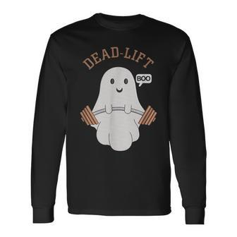 Dead Lift Embroidery Ghost Halloween Cute Boo Gym Weights Long Sleeve T-Shirt - Monsterry AU