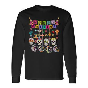 Dia De Los Muertos Sugar Skulls Moon Cat Mexican Day Of Dead Long Sleeve T-Shirt - Thegiftio UK