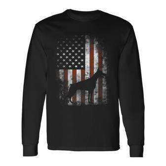 Doberman Pinscher American Flag Patriotic Long Sleeve T-Shirt | Mazezy