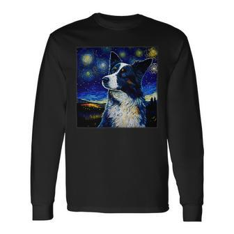 Dog Border Collie Surrealism Starry Night Border Collie Dog 1 Long Sleeve T-Shirt - Monsterry UK