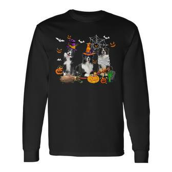 Dog Border Collie Three Border Collie Dogs Mummy Witch Scary Pumpkins Long Sleeve T-Shirt - Monsterry UK