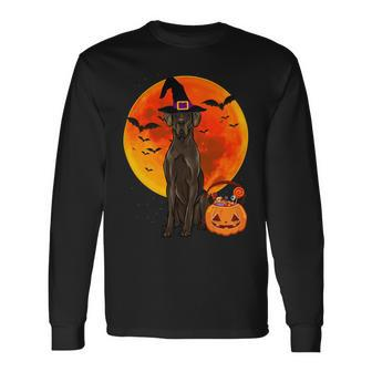 Dog Halloween Black Great Dane Jack O Lantern Pumpkin Long Sleeve T-Shirt - Monsterry