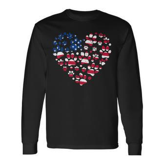 Dog Paw Prints Heart Us American Flag 4Th Of July Patriotic Long Sleeve T-Shirt | Mazezy