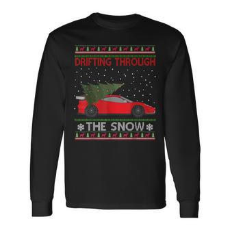 Drifting Through The Snow Ugly Christmas Sweater Tree Car Long Sleeve T-Shirt | Mazezy