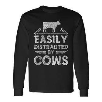 Easily Distracted By Cows T Cow Farmer Long Sleeve T-Shirt | Mazezy