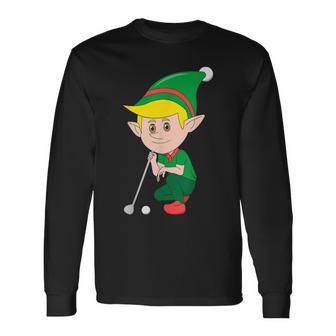 Elf Playing Golf Christmas Sport X-Mas Pajama Party Golfer Long Sleeve T-Shirt - Monsterry CA