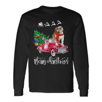 English Bulldog Christmas Ride Red Truck Long Sleeve T-Shirt | Mazezy