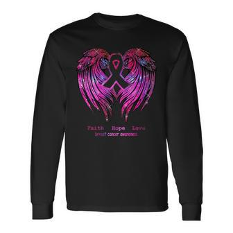 Faith Hope Love Wings Breast Cancer Awareness Back Long Sleeve T-Shirt | Mazezy