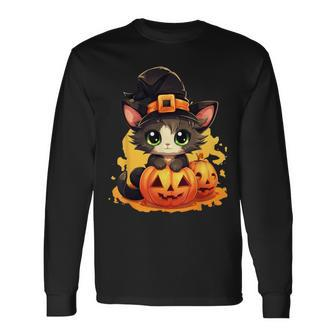 Fall Autumn Season Lazy Halloween Costume Kawaii Pumpkin Cat Long Sleeve T-Shirt - Seseable