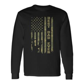 Fathers Day Best Dad Ever Vintage Camo Usa Flag Deer Hunter Long Sleeve T-Shirt - Seseable