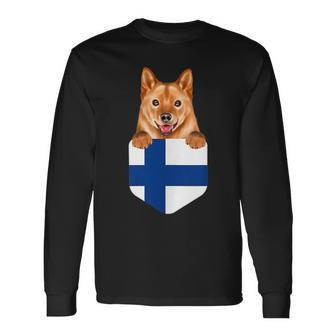 Finland Flag Finnish Spitz Dog In Pocket Long Sleeve T-Shirt | Mazezy