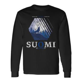 Finland Full Moon Wolf Howling Suomi Flag Used Look Long Sleeve T-Shirt - Monsterry