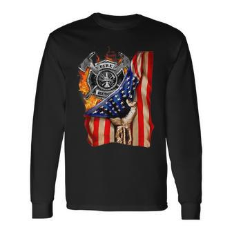 Firefighter American Flag Pride Hand Fire Service Lover Long Sleeve T-Shirt T-Shirt | Mazezy