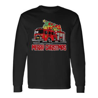 Firetruck Santa Sleigh Fireman Christmas Firefighter Long Sleeve T-Shirt | Mazezy