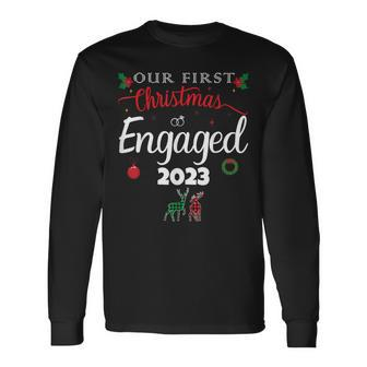 Our First Christmas Engaged 2023 Pajamas Couples Matching Long Sleeve T-Shirt | Mazezy