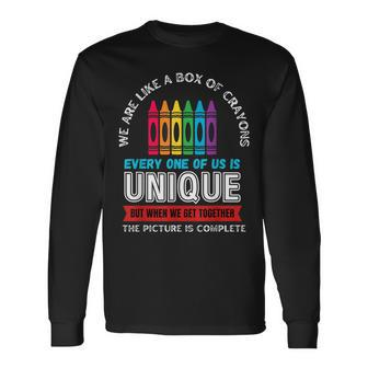 First Day Back To School We Are Like Box Of Crayons Teacher Long Sleeve T-Shirt - Seseable