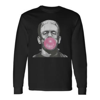 Frankenstein Monster With Pink Bubblegum Bubble Long Sleeve T-Shirt | Mazezy
