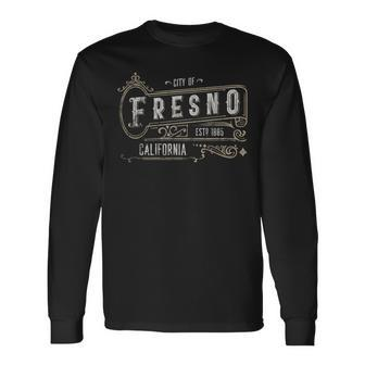 Fresno Ca Vintage Victorian Style Home City Distressed Long Sleeve T-Shirt | Mazezy
