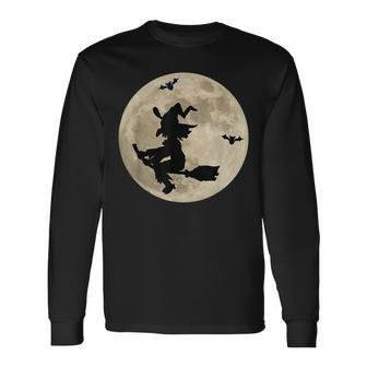 Full Moon Witch On Broomstick Bats Space Halloween Halloween Long Sleeve T-Shirt | Mazezy