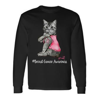 Cat Pink Ribbon In October We Wear Pink Breast Cancer Long Sleeve - Seseable