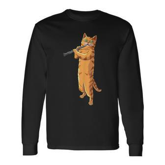 Cat Playing Oboe Cool Animal Pipe Musician Love Long Sleeve T-Shirt | Mazezy