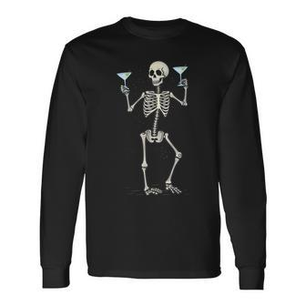 Halloween Skeleton Drinking Martini Cocktail Long Sleeve T-Shirt - Thegiftio UK