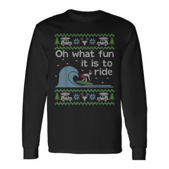 Ugly Sweater Christmas Surfing Surfer Surf Board Long Sleeve T-Shirt | Mazezy