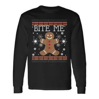 Ugly Xmas Sweater Bite Me Gingerbread Man Cookies Pj Long Sleeve - Seseable