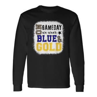On Gameday Football We Wear Gold And Blue Leopard Print Long Sleeve T-Shirt | Mazezy