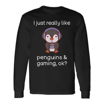 Gamer Penguin Lover Video Games Penguin Gaming Long Sleeve T-Shirt - Thegiftio UK