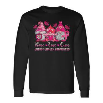 Gnome Peace Love Cure Pink Ribbon Breast Cancer Awareness Long Sleeve T-Shirt - Seseable