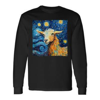 Goat In The Style Of Van Goghs Iconic Starry Night Long Sleeve T-Shirt - Monsterry
