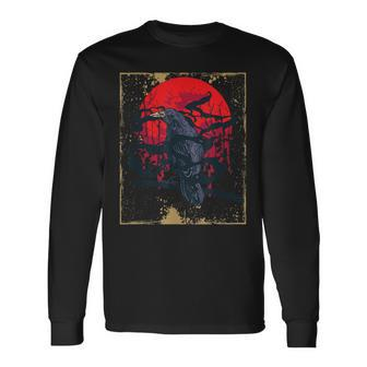 Gothic Raven Red Moon Black Crow Long Sleeve T-Shirt - Seseable
