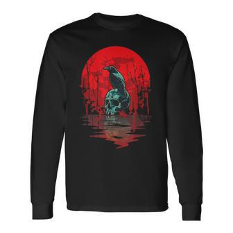 Gothic Raven Skull Red Moon Black Crow Long Sleeve T-Shirt - Monsterry UK