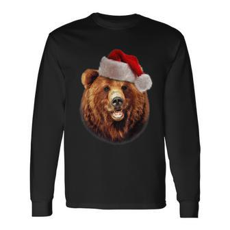 Grizzly Bear In Santa Hat Christmas Long Sleeve T-Shirt | Mazezy