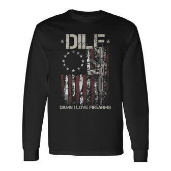 Gun American Flag Dilf Damn I Love Firearms On Back Long Sleeve T-Shirt T-Shirt | Mazezy