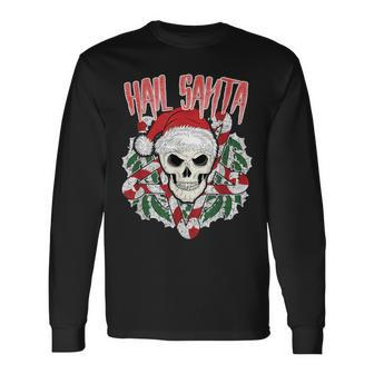 Hail Santa Ugly Christmas Skull Pentagram Long Sleeve T-Shirt | Mazezy