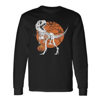 Halloween Boys Dinosaur Skeleton T Rex Scary Pumpkin Moon Long Sleeve T-Shirt - Seseable