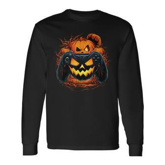 Halloween Jack O Lantern Pumpkin Face Gamer Gaming Long Sleeve T-Shirt | Mazezy