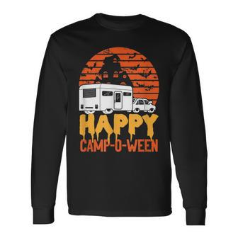 Happy Campoween Vintage Camping Enthusiast Halloween Camping Long Sleeve T-Shirt T-Shirt | Mazezy