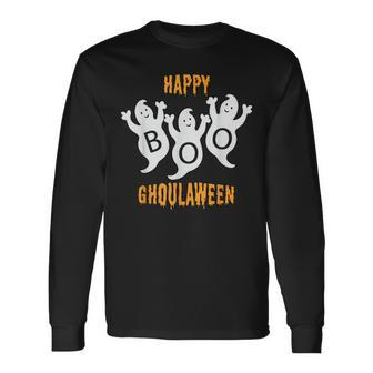Happy Ghoulaween Halloween Cute Ghosts Trio With Boo Halloween Long Sleeve T-Shirt | Mazezy