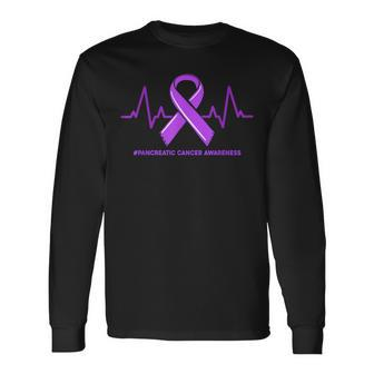 Heartbeat Ribbon Purple Pancreatic Cancer Awareness Support Long Sleeve T-Shirt - Thegiftio UK